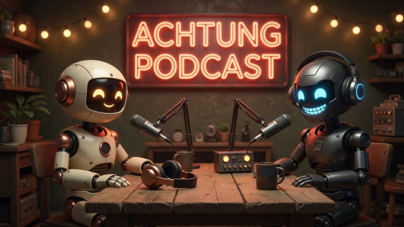 Das Achtung-Podcast-Studio mit den zwei Roboter-Moderatoren